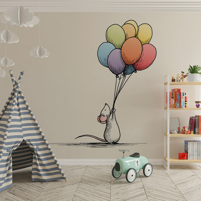 Kinderzimmer Tapete | Fröhliche kleine Maus mit bunten Luftballons