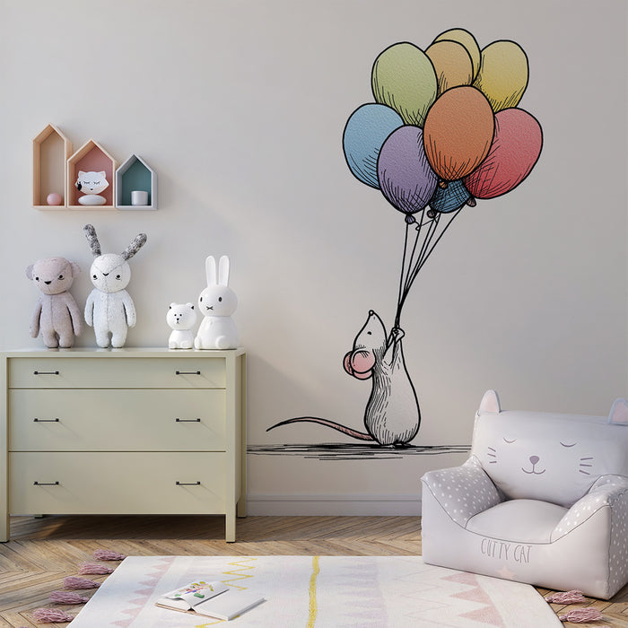 Kinderzimmer Tapete | Fröhliche kleine Maus mit bunten Luftballons
