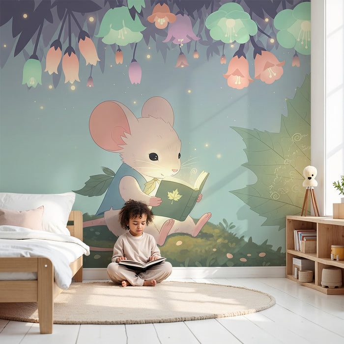Tapet barnerom | Liten mus leser under lyse blomster