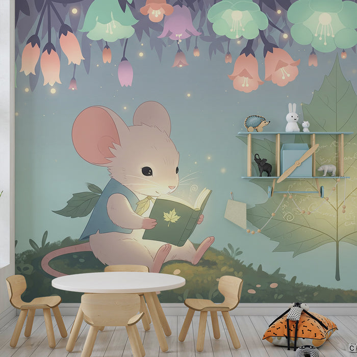 Tapet barnerom | Liten mus leser under lyse blomster