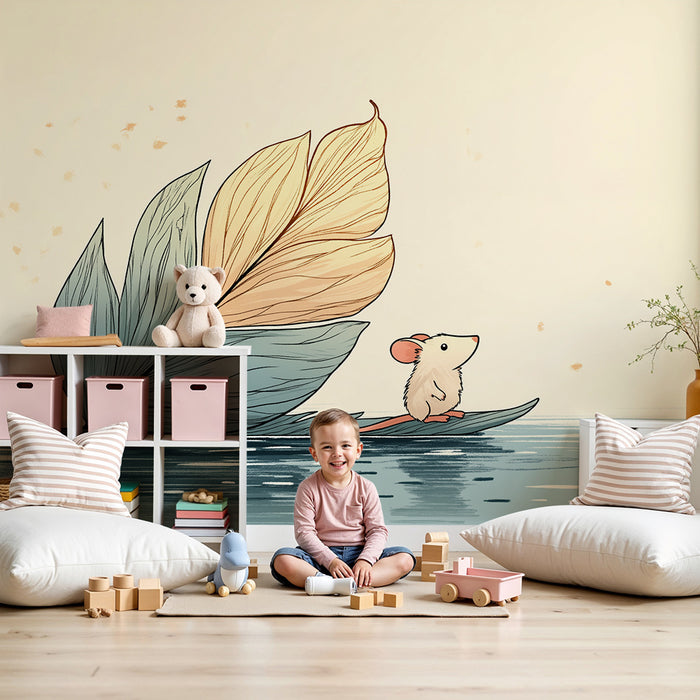 Papier peint chambre enfant | Petite souris sur une feuille voguant sur l'eau