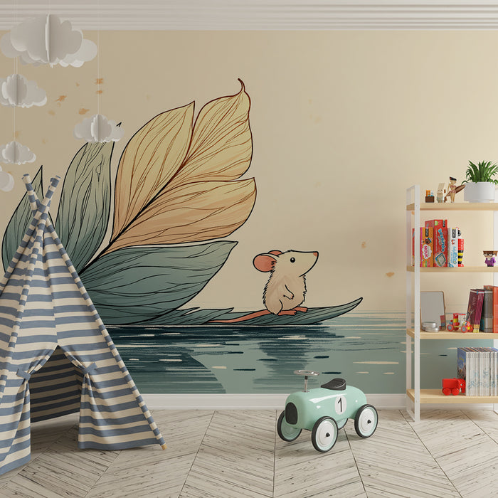 Papier peint chambre enfant | Petite souris sur une feuille voguant sur l'eau
