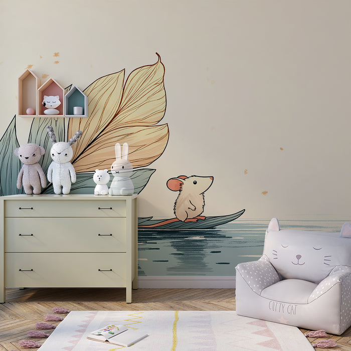 Papier peint chambre enfant | Petite souris sur une feuille voguant sur l'eau