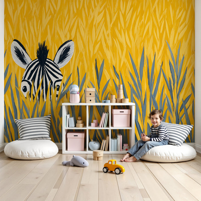 Papier peint chambre enfant | Petite zebra cachée dans les herbes