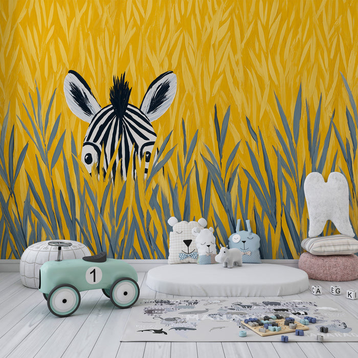 Papier peint chambre enfant | Petite zebra cachée dans les herbes