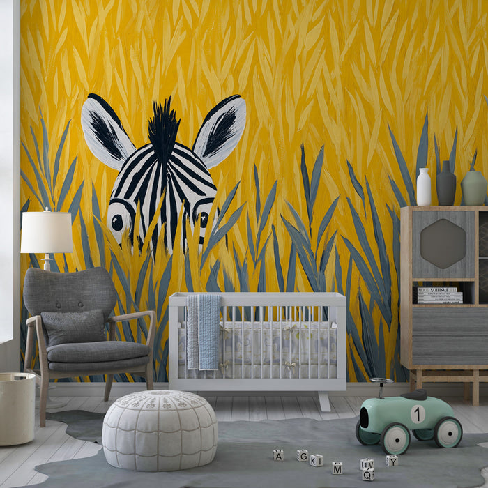 Papier peint chambre enfant | Petite zebra cachée dans les herbes