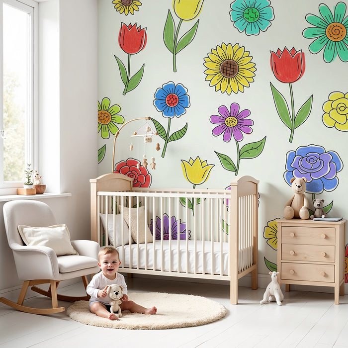 Kinderzimmer Tapete | Kleine bunte Blumen