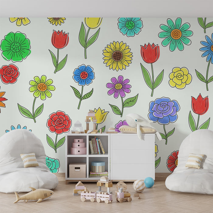 Kinderzimmer Tapete | Kleine bunte Blumen
