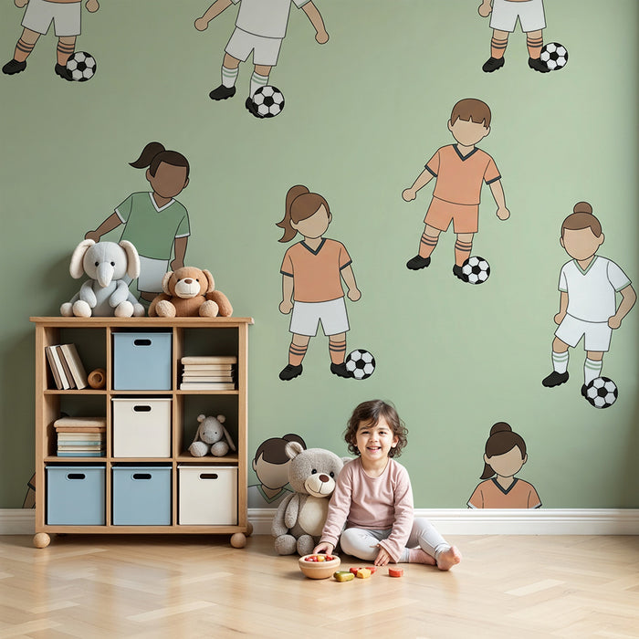 Deti izba tapeta | Malé futbalistky na pastelovom zelenom pozadí