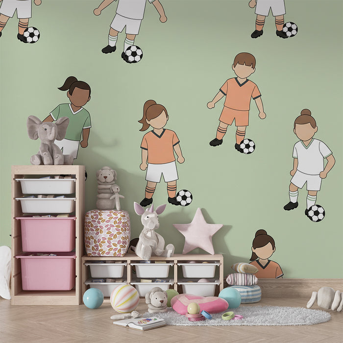 Deti izba tapeta | Malé futbalistky na pastelovom zelenom pozadí