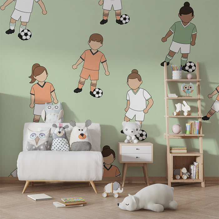 Deti izba tapeta | Malé futbalistky na pastelovom zelenom pozadí
