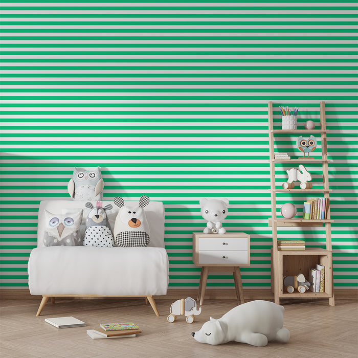 Kinderkamer behang | Kleine moderne groen-witte strepen