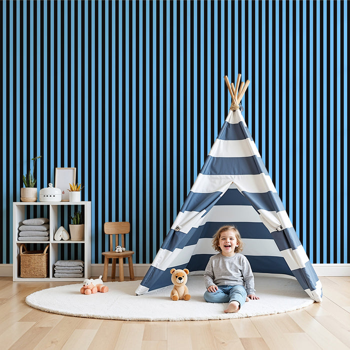 Carta da parati bambini | Piccole righe verticali in blu e nero