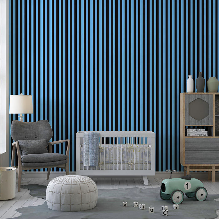 Carta da parati bambini | Piccole righe verticali in blu e nero