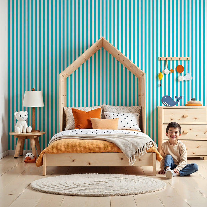 Papier peint chambre enfant | Petites rayures verticales turquoise et blanches