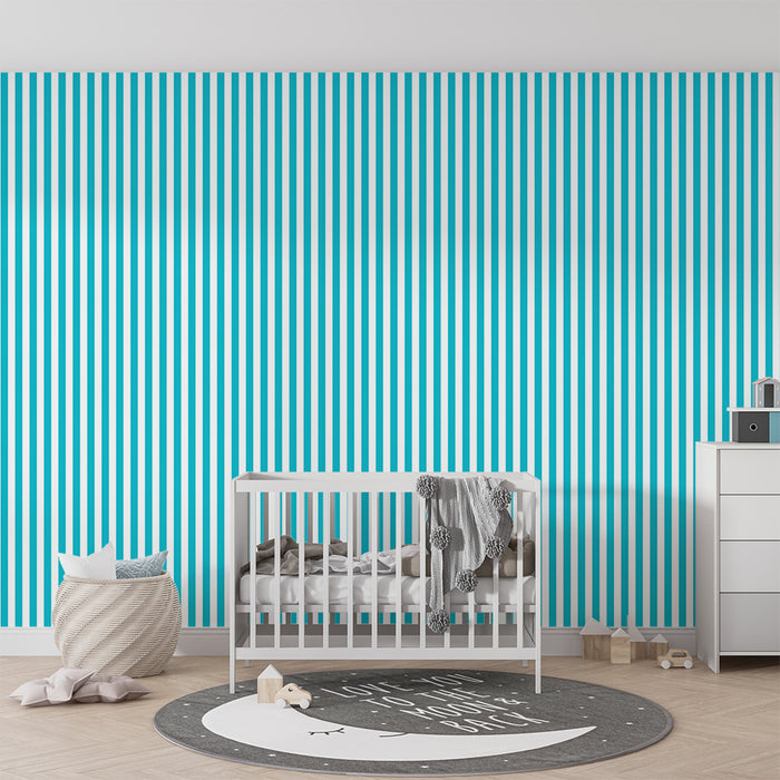 Papier peint chambre enfant | Petites rayures verticales turquoise et blanches