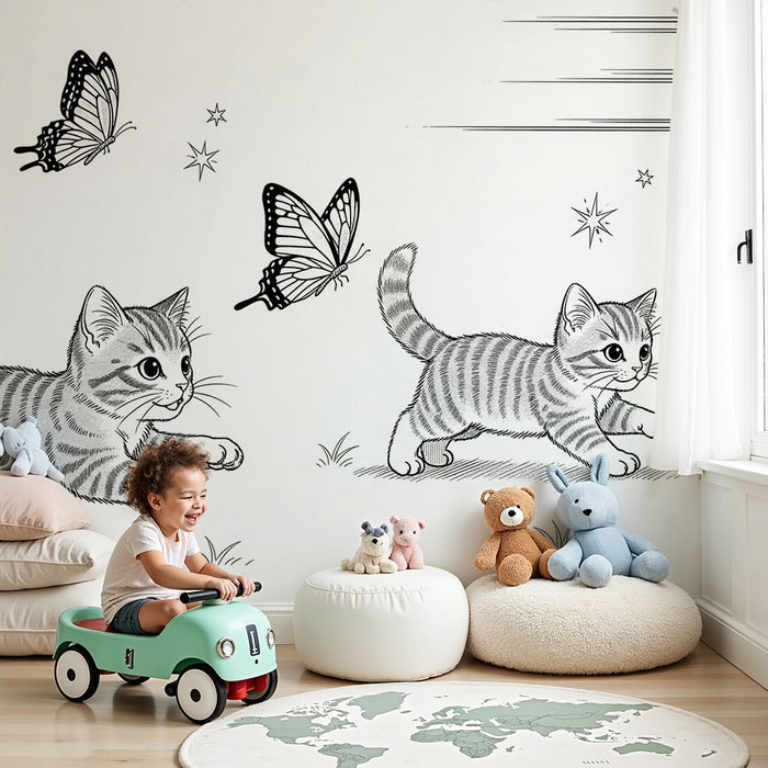 Papier peint chambre enfant | Petits chatons jouant avec des papillons