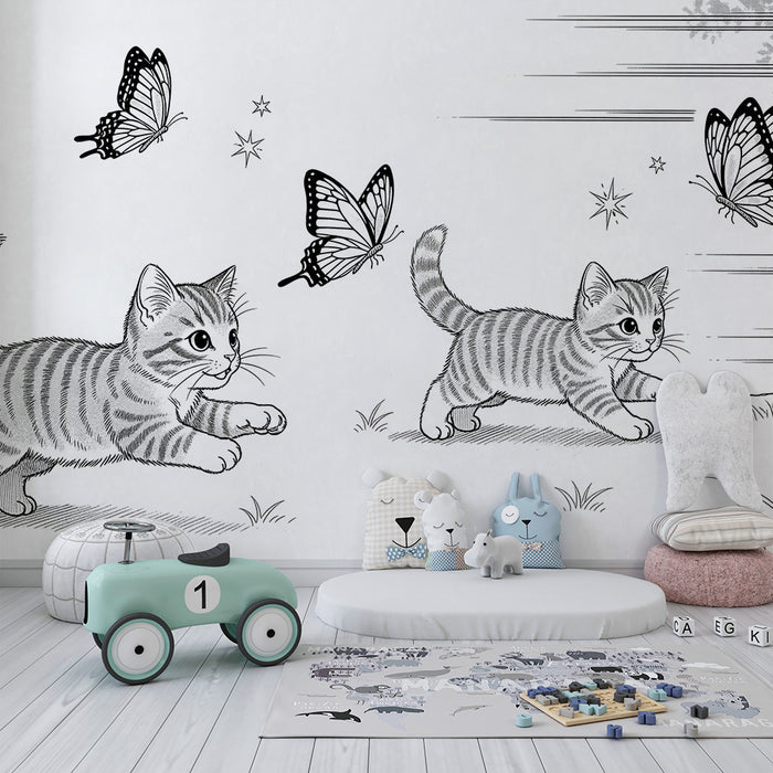 Papier peint chambre enfant | Petits chatons jouant avec des papillons