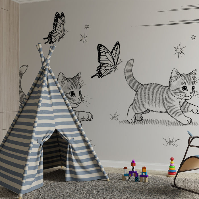 Papier peint chambre enfant | Petits chatons jouant avec des papillons