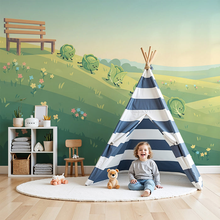 Kids' Room Wallpaper | Cheerful Little Sprouts in a Lush Landscape