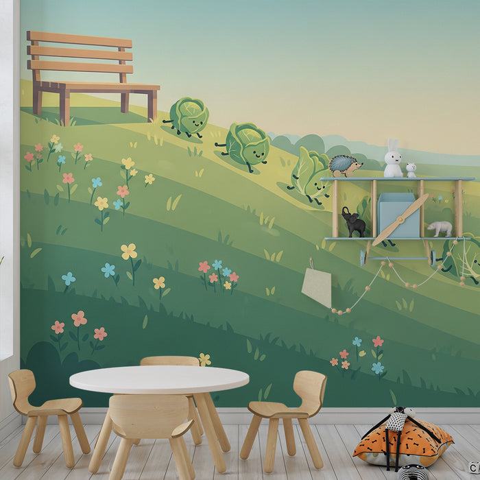 Kids' Room Wallpaper | Cheerful Little Sprouts in a Lush Landscape