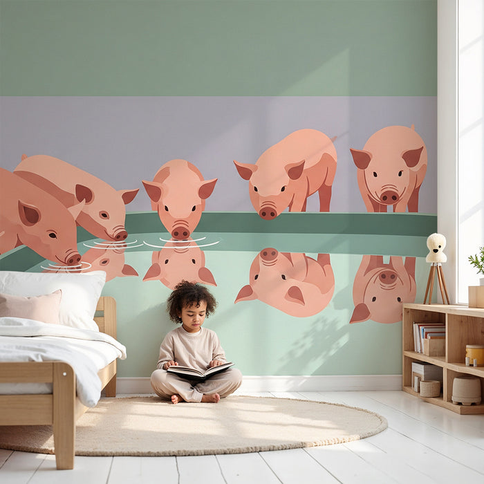 Behang kinderkamer | Nieuwsgierige biggetjes bij de drinkbak