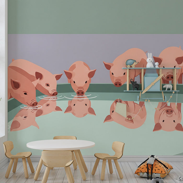 Behang kinderkamer | Nieuwsgierige biggetjes bij de drinkbak