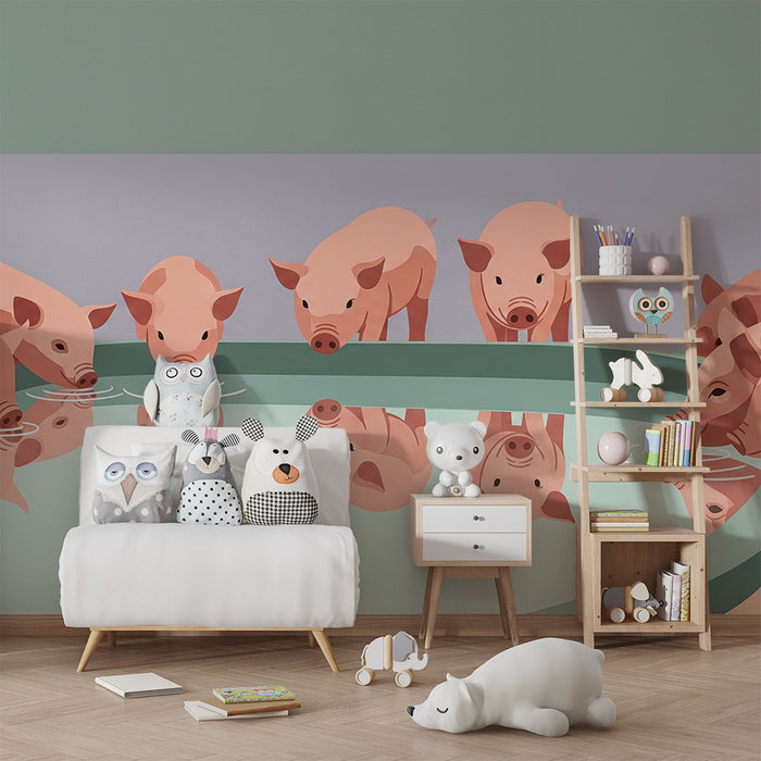 Behang kinderkamer | Nieuwsgierige biggetjes bij de drinkbak