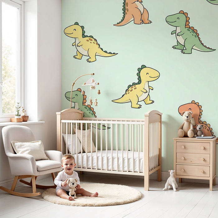 Behang kinderkamer | Kleurrijke kleine dinosaurussen op pastel achtergrond