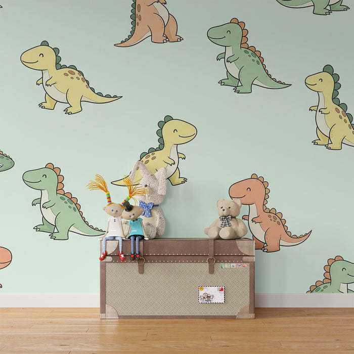 Behang kinderkamer | Kleurrijke kleine dinosaurussen op pastel achtergrond