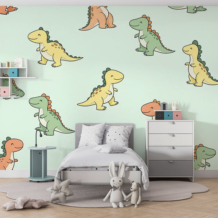Behang kinderkamer | Kleurrijke kleine dinosaurussen op pastel achtergrond