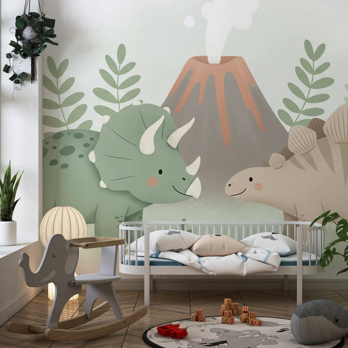Papel de parede criança | Pequenos dinossauros e vulcão