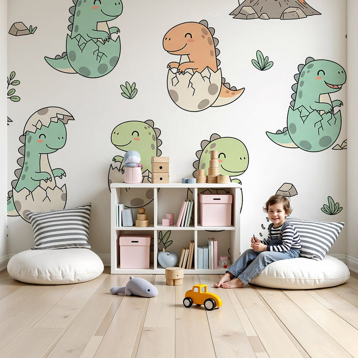 Detská izba tapéta | Malé dinosaury a farebné sopky v hravom prostredí