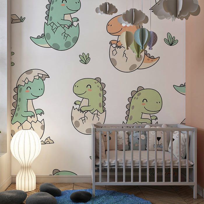 Detská izba tapéta | Malé dinosaury a farebné sopky v hravom prostredí