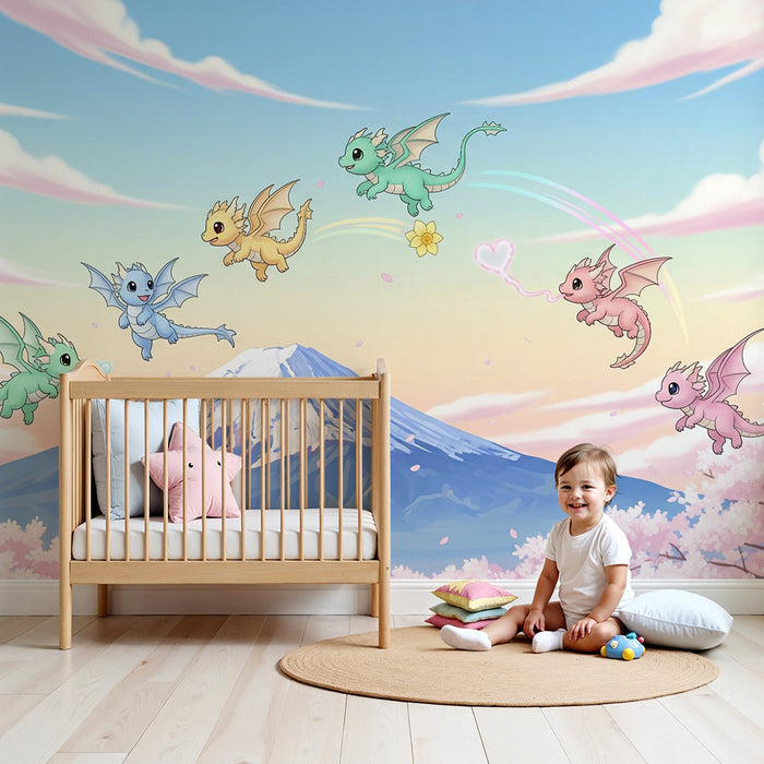 Behang kinderkamer | Kleurrijke draakjes in een sprookjesachtige lucht