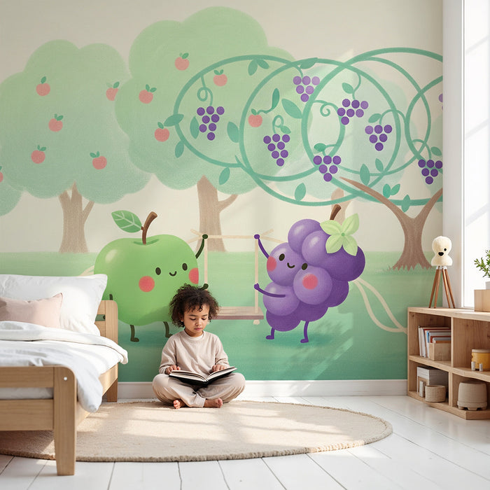 Kinderzimmer Tapete | Lustige Beeren in einem bunten Obstgarten
