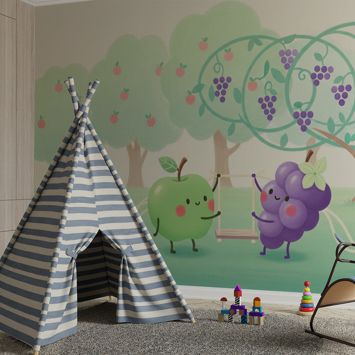 Kinderzimmer Tapete | Lustige Beeren in einem bunten Obstgarten