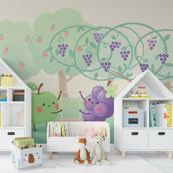 Kinderzimmer Tapete | Lustige Beeren in einem bunten Obstgarten