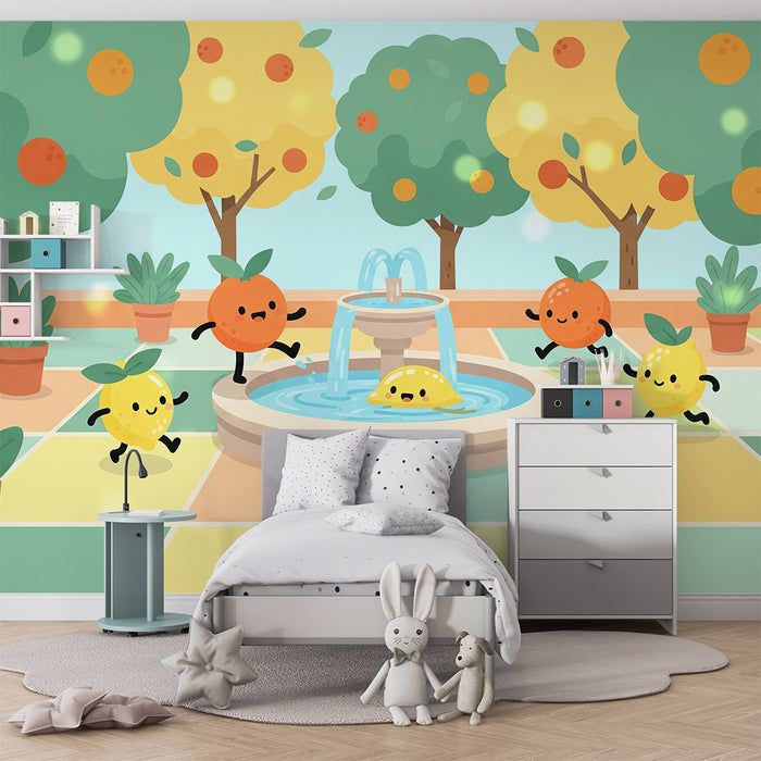 Papel de parede para quarto de criança | Pequenos frutos alegres num jardim ensolarado