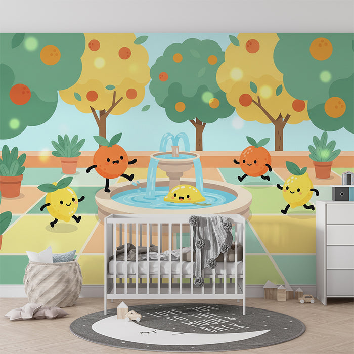 Papel de parede para quarto de criança | Pequenos frutos alegres num jardim ensolarado