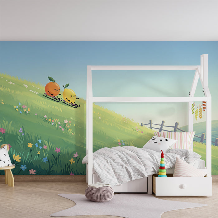 Papier peint chambre enfant | Petits fruits joyeux dévalant une colline fleurie