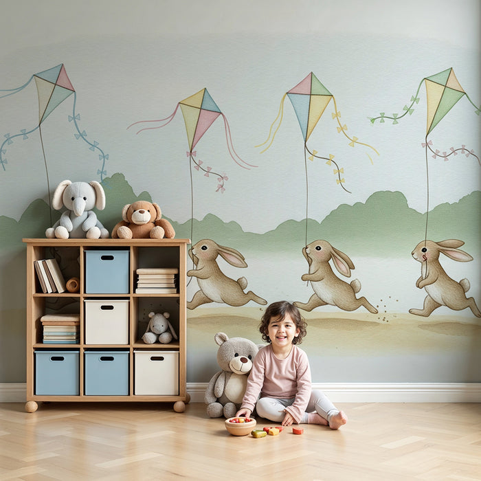 Papier peint chambre enfant | Petits lapins et cerfs-volants colorés