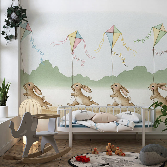 Papier peint chambre enfant | Petits lapins et cerfs-volants colorés