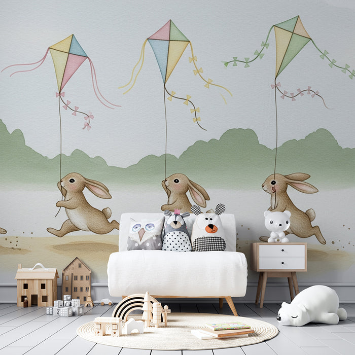 Papier peint chambre enfant | Petits lapins et cerfs-volants colorés