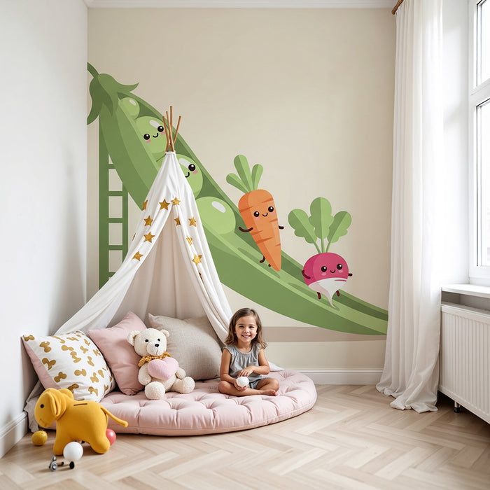 Kids' Room Wallpaper | Playful Vegetables on a Slide