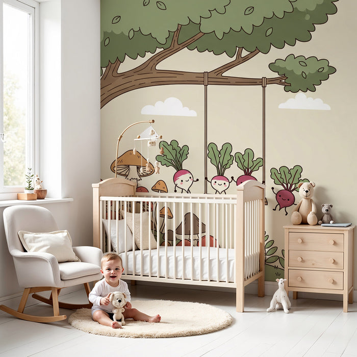 Kinderzimmer Tapete | Fröhliches Gemüse und bunte Pilze unter einem Baum