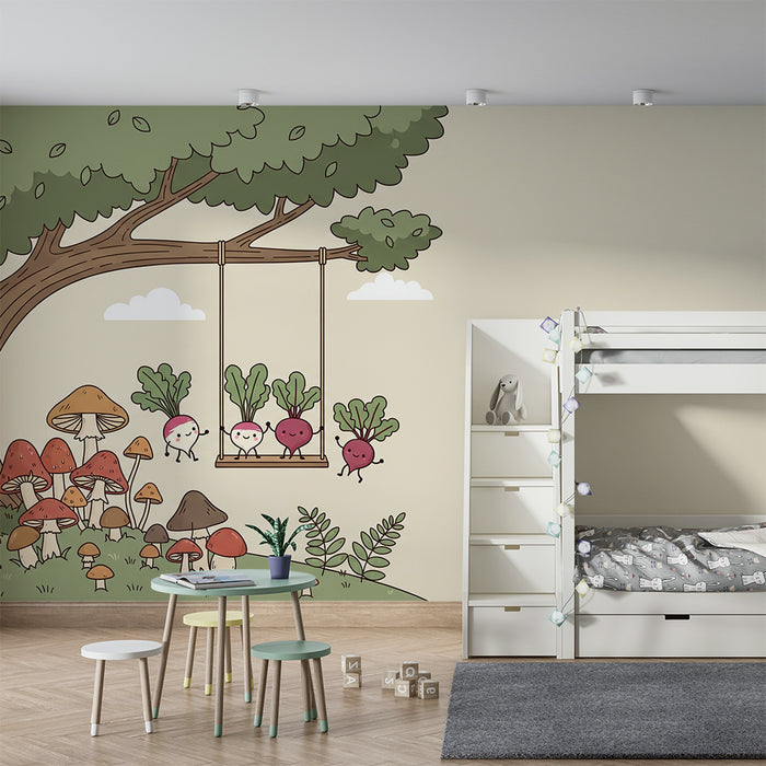 Kinderzimmer Tapete | Fröhliches Gemüse und bunte Pilze unter einem Baum
