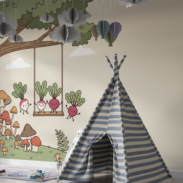 Kinderzimmer Tapete | Fröhliches Gemüse und bunte Pilze unter einem Baum