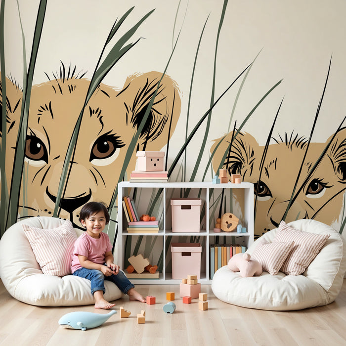 Papier peint chambre enfant | Petits lions dans l'herbe