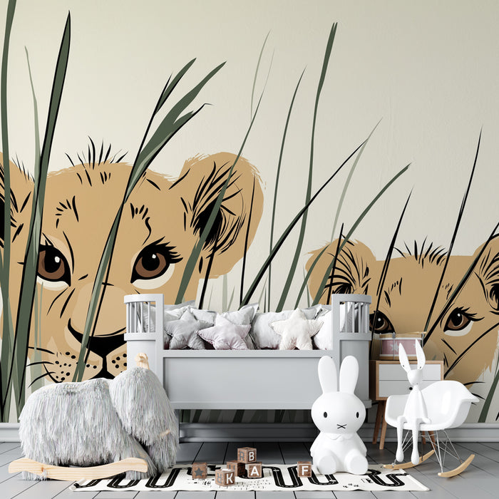 Papier peint chambre enfant | Petits lions dans l'herbe